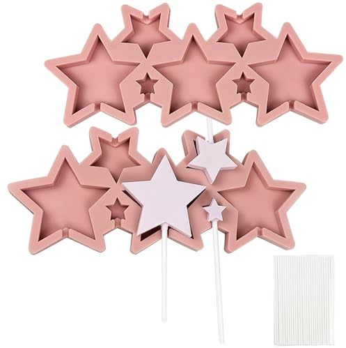 BFJ Star Lollipop Molds 2 pièces Moule à sucettes au chocolat en silicone Moules à bonbons à sucettes à 7 cavités avec 25 bâtons (taille étoile 5 cm 3 cm 2 cm)