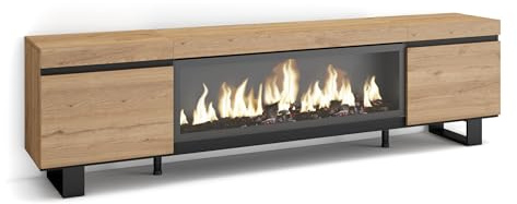 Skraut Home | TV-Schrank, Lowboard | für Wohnzimmer und Esszimmer | 210 | Für TV-Geräte bis zu 80 | Elektrokamin XXL | Industriedesign | Moderner Stil | Eiche