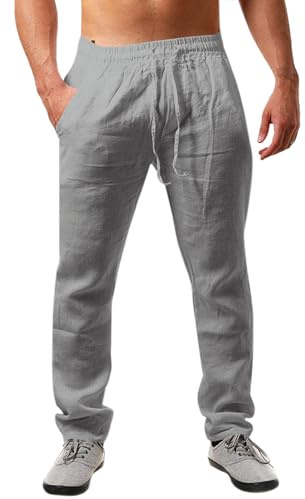 Runcati Pantalones de Lino para Hombre, Lisos, Largos, Ligeros, Holgados, con cordón, para Vacaciones, Playa, Uso Diario, Gris, M