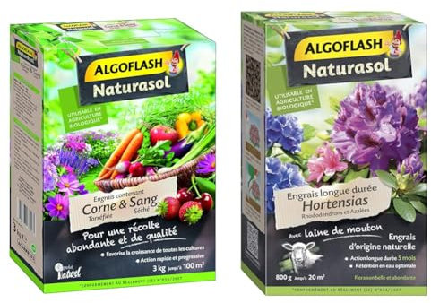 ALGOFLASH NATURASOL Engrais contenant de la Corne torréfiée et Sang Séché, Jusqu'à 100m², 3 kg & ALGOFLASH NATURASOL Engrais Hortensias, Rhododendrons et Azalées, Longue durée 5 mois, Jusqu'à 20 m²