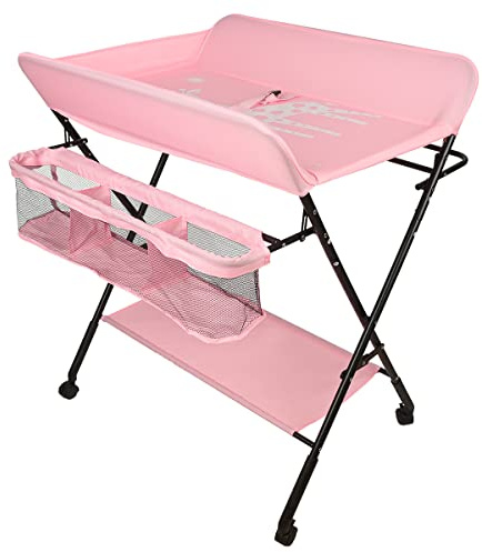 OHMG Baby Wickelkombi Klappbare Wickelkommode,Wickeltisch mit Rollen,Mobiler Wickeltisch mit Wickelauflage,Sicherheitsgurt und Ablagefächern,Wasserdicht und Höhenverstellbar,Stabil