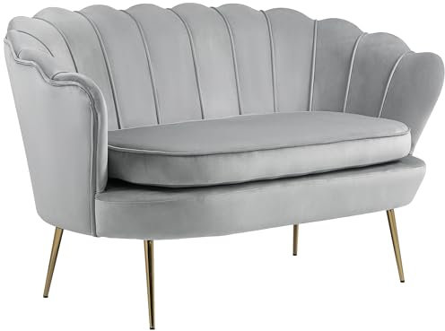 HOMCOM 2-Sitzer-Sofa aus Samt, kleines Sofa, in Muschelform, mit 10 cm dickem Kissen, Sofa, Metallgestell, konische Goldfarbene Beine, leicht zu montieren, hellgrau