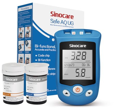 Sinocare 2-in-1 Uric Acid & Blood Glucose Test Kit, Safe AQ UG Multifunctional Monitor, Blood Sugar Test Strips x 25 & Uric Acid Test Strips x 25 & Lancing Devices x 50, for Diabetics & Gout - in mmol
