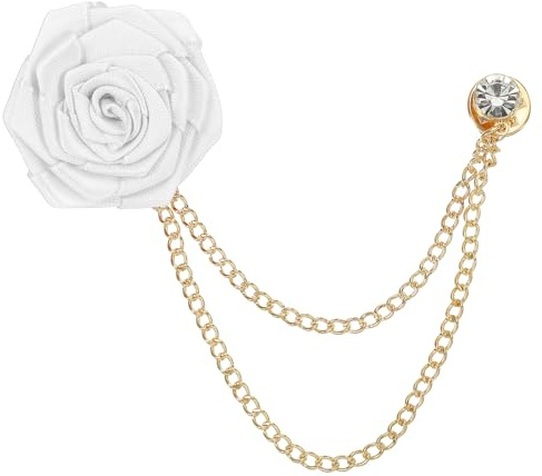 QUARKZMAN Bräutigam Broschen Rose Blume Größe 1,57 Zoll Zoll Legierung Weiß | 1 Stück, Reversnadel mit Quaste Kette/Anzug Stud, Stoff, Für Hochzeit Herrenanzug Zubehör