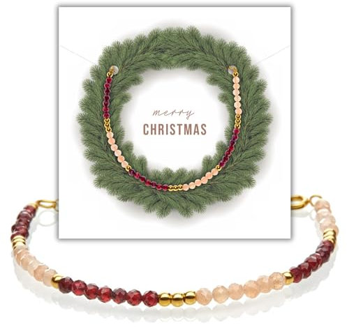 happymaker - Granat Armband mit Aprico Mondstein, Edelsteinarmband mit 18k vergoldeten Edelstahlperlen, handgefertigt, schöne Geschenkverpackung mit Weihnachtskarte