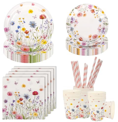 Aitsite Set di 100 piatti per feste di compleanno per 20 ospiti, set di decorazioni floreali per feste di compleanno per bambini