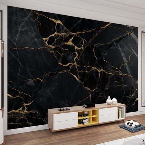 Grand papier peint mural abstrait en marbre noir et or, lignes de fissures irrégulières incurvées, papier peint 3D, impression HD, résistant à l'eau pour salle d'étude, hôtels, bureaux - 350 x 256 cm