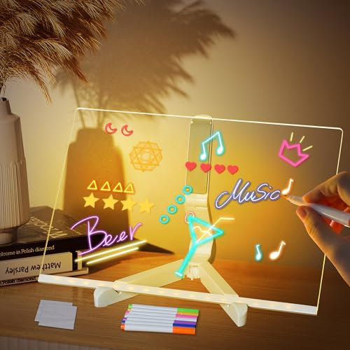 MEKOTRIN Tablette Lumineuse Message LED Tableau Lumineux en Acrylique avec 7 Couleurs Stylo & Support Réglable, Tableau d'Affichage Tablette Magique pour Deco Chambre Café Bureau To Do List
