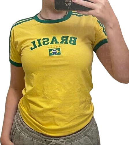 Vintage Graphic Baby Tees for Women Brazil Shirt Y2k Crop Tops Soccer Jersey 2000s Going Out Tops (Light Yellow, S)