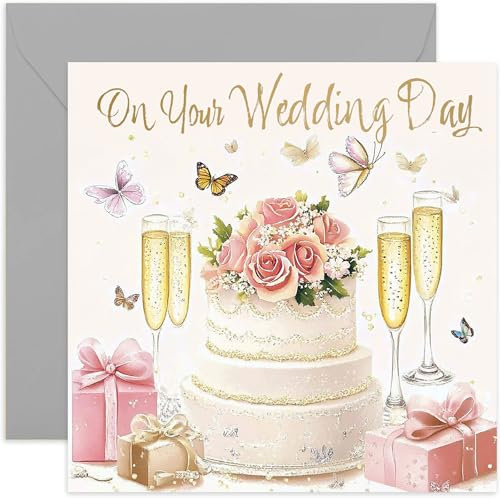 On Your Wedding Day Card for Bride and Groom - Butterflies, Champagne and Cake Design - Celebrations for Newly Weds - Gift for Mr and Mrs - Traditional For Him and Her - Blank Inside