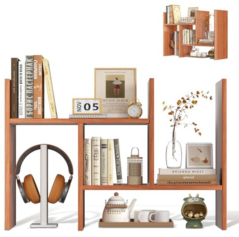 Mihoho Schreibtisch Regal Organizer, verstellbares Schreibtisch-Bücherregal aus Holz, Büro-Aufbewahrungsregal, Holz-Ausstellungsregal für Zuhause, Arbeitszimmer, Büro (Nussbaum)