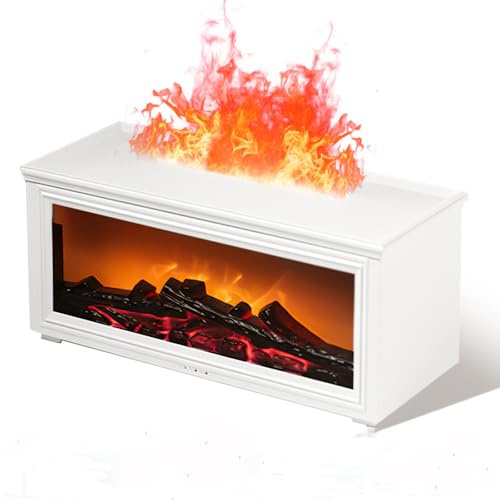 3-in-1 Aroma Diffuser mit LED Kamin, Flammeneffekt Diffusor für ätherische Öle Mit 7 Einstellbaren Flammenfarben, 280ml Luftbefeuchter, Mit Fernbedienung 3 Timer Wasserlose Abschaltautomatik (Weiß)