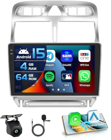 Inefala 4+64G Android 15 Autoradio pour Peugeot 307 2002-2013, 9'' in-Cell Bildschirm avec sans Fil Carplay et Android Auto Lien Miroir Radio FM/RDS GPS WiFi Bluetooth SWC Caméra de Recul