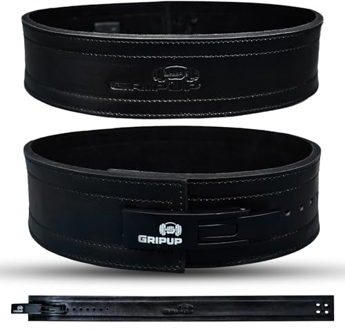 GripUp Ceinture de Powerlifting 10mm – Ceinture de Musculation en Cuir Véritable 4 avec Boucle à Levier Ultra-Résistante pour Squats, Soulevés de Terre, Fitness, Bodybuilding (Noir, M)