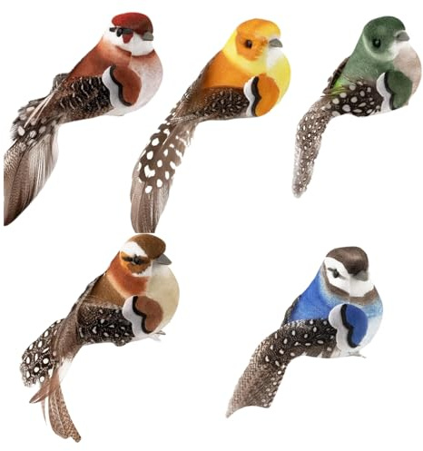 5 Stück Vogel Deko Figuren, Künstliche Federvögel mit Clip, Vögel Deko Bunt Vogelfigur mit Halterungsklammer, Mini Vogel Dekofigur Feder Modell für Garten Frühling Deko Party Dekoration