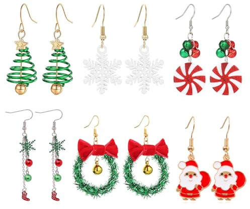 6 Paar Ohrringe Weihnachten Hängend, Weihnachtsohrringe Damen, Weihnachtsbaum Weihnachtsmann Ohrstecker Set, Weihnachts Glitzer Schmuck, Weihnachtsschmuck Geschenk für Damen Kinder Mädchen