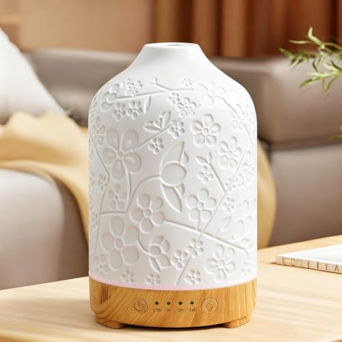 Essential Oil Diffuser Electric Ceramic Aromatherapy Oil Diffuser Ultrasonic Elegant Floral 150ml with Wood Grain Base, 7 Colors LED Light, Perfect for Home, Office, Yoga, and Gifts