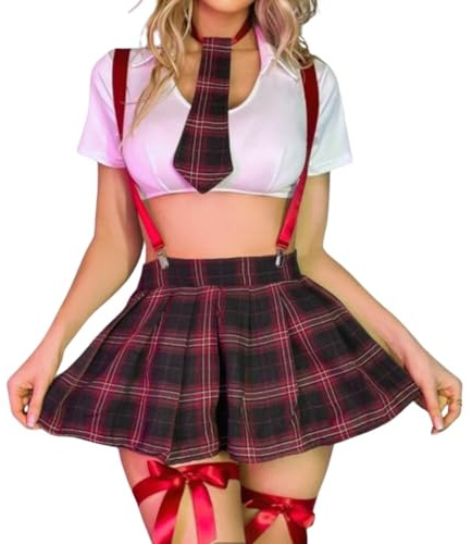 Gatamiau Babydoll Lencería Sexy Colegiala Cosplay Disfraz Tirantes Uniforme CortoTop Mini Falda Plisada Conjunto de Halloween Juego de Roles Traje con Corbata Lazo Anillo de Pierna (L)