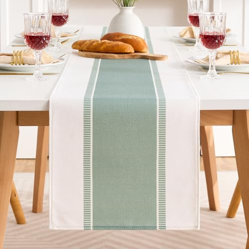 Tischläufer Deko Frühling Salbeigrün Streifen Modern 40x140, Tischband Abwaschbar aus Baumwoll-Leinen-Stoff, Table Runner Frühlingsdeko Tisch Läufer für Hochzeit Kommunion Geburtstag Tischdeko