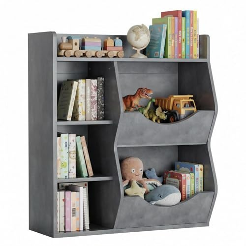 JOLLYTOP Kinder Spielzeugregal Mit 2 Kippboxen & 3 Offenen Fächern – Spielzeugaufbewahrung & Bücherregal Aus MDF – Aufbewahrungsschrank Für Kinderzimmer & Kindergarten-Grau