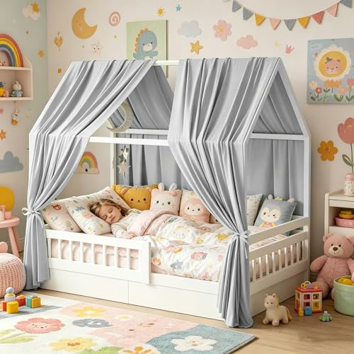 Hausbett Himmel, 2 Stück Betthimmel Hausbett, Stoffhimmel für Hausbetten, Hausbett Himmel Deko Set, Betthimmel Hausbett Musselin für Jungen Mädchen Deko für Kinderzimmer, 67 x 270cm (Grau 67 x 270cm)
