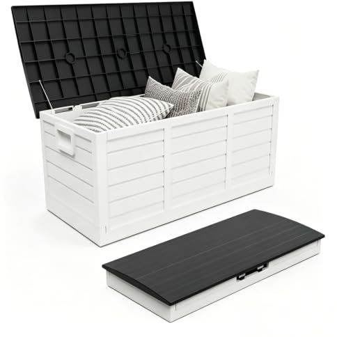 BreezTerra Gartenbox wasserdicht, Vormontierte Ausführung – zum Gebrauch einfach aufklappen, 284L Fassungsvermögen mit Griffen und Rädern, gartenbox für Terrassen und Balkone (Schwarz-weiß)
