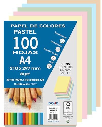 Dohe - Folios Color Pastel (100 uds.) - 5 Colores Surtidos, Papeles A4 (21x29,7 cm), Grosor 80 gr/m², Hojas para Imprimir, Dibujo, Manualidades, Decoración, Encuadernación