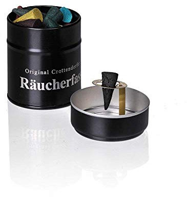 Crottendorfer Räucherfass mit Räucherkerzenhalter inkl. 20 Räucherkerzen Weihrauch Melisse und Feuerzeug