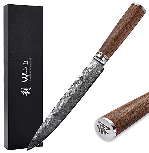Wakoli Nussbaum Fleischmesser 20 cm Klinge, 67 Lagen Damaststahl, VG10-Kern | Hammerschlag, Nussbaumholzgriff, 60 ± 2 HRC und beidseitiger 15° V-Schliff für sauberes Tranchieren von Fleisch und Braten