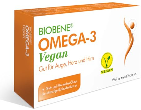 Biobene Omega 3 Vegan - DHA- und EPA-reiches Algenöl aus der Mikroalge Schizochytrium sp. - Unterstützt Augen, Herz und Gehirnfunktion - 30 Kapseln