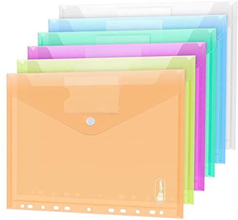 12 Stück Dokumententasche A4, 6 Farben Sichttasche A4 Transparent, Dokumenten Dokumentenmappe Sammelmappen Tasche druckknopf für Organisieren mit 11 Lochrand und Etikettentasche