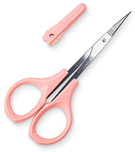 Humbee - Scissors with Cap- Self Care - Hair Trimmer - Facial, Nose Hair, Eyebrow, Mustache & Beard Grooming - Curved Edge, Pink Short Cap