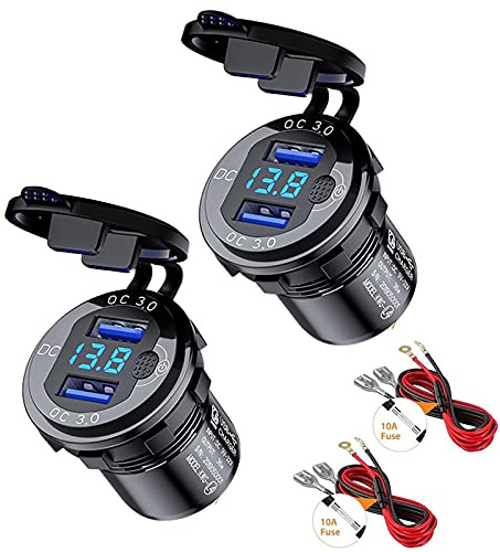 Thlevel USB Steckdose 12V Auto QC3.0 USB Ladegerät KFZ Dual Port 36W Schnellladung mit LED Digital Voltmeter Anzeige Switch für Fahrzeuge Boot Motorrad SUV Bus LKW Wohnwagen Marine 2 Stücke