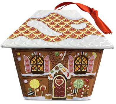 Boîte en métal en forme de petite maison en pain d’épices avec un pendentif Boîte à biscuits/chocolats déco, env. 11 x 8.5 x 9.5 cm Volume : 200 ml