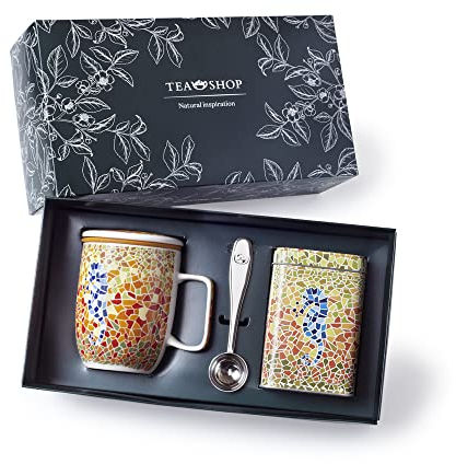 TEA SHOP - Pack Taza de porcelana con Filtro y Tapa + Lata y Cuchara medidora - Set Tea Time Caballito - Perfecto para Regalo