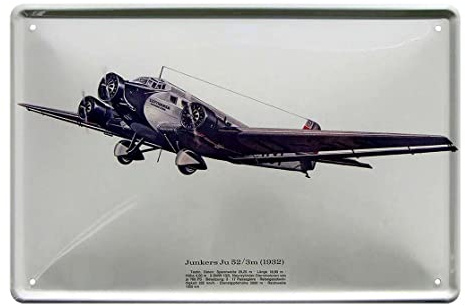schilderkreis24 Blechschild Flugzeug “Junkers Ju 52/3m (1932)“ Plane Technische Daten Deko Dekoration Historisch Retro Metallschild Vintage Geschenk zum Geburtstag oder Weihnachten 20x30 cm