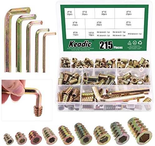 Keadic 215Pcs 9 Sizes Zinc Alloy Threaded Inserts Nuts Assortment Set with Hex Key, M4 M5 M6 M8 M10 Metric Hex Drive Wood Nutsert Screw-in Nut Bolt Fastener Connector for Wood Furniture