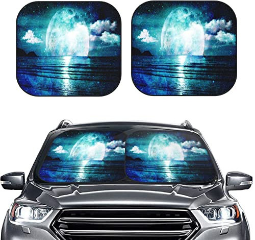 Auto Sonnenschutz Sonnenschutz Auto Frontscheibe Schwarze Faltbar Motiv Nachthimmel Meer Mond Auto Zubehör Sonnenschutz 2-teilig 74x60cm mit Aufbewahrungstasche Auto Scheibenabdeckung Sommer