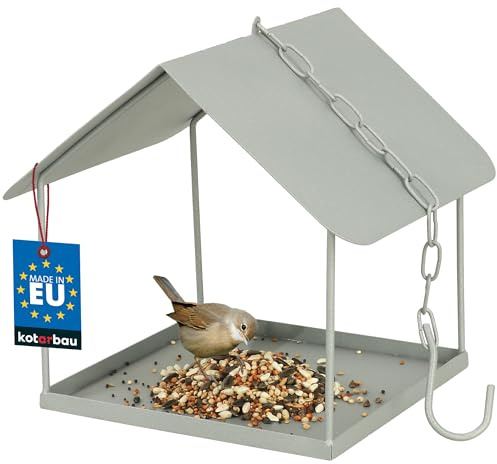 KOTARBAU® Vogelhaus aus Metall - 18 x 18 x 20,5 cm - Vogelfutterhaus zum Aufhängen - mit Kette & Haken - Gartendeko für draußen - Wetterfestes Vogelhäuschen - Grau