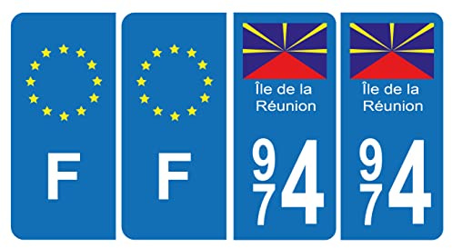 HADEXIA Nummernschild-Aufkleber, 974 Ile Réunion BIS & F Europa, 4 Stück