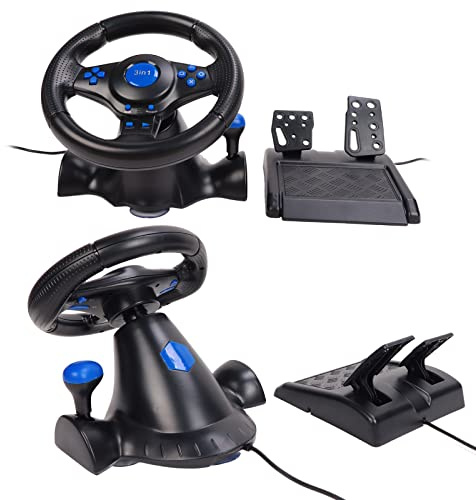 Jectse Rennlenkrad und Pedale, 3-in-1-PC-Rennrad mit 180-Grad-Drehung, Doppelvibrations-USB-betriebenes Rennsimulatorrad, Verbessert Ihr Rennerlebnis