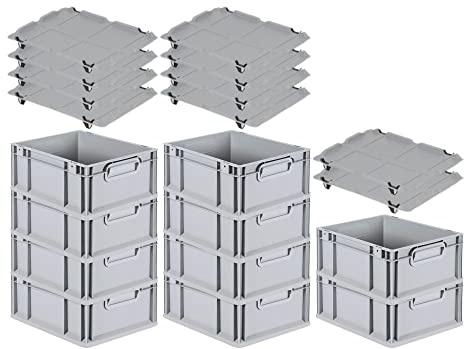 PROREGAL SuperSparSet 10x Eurobox NextGen Grip mit Auflagedeckel & 4 schwarzen Schiebeschnappverschlüssen, HxBxT 17x30x40cm, 16 L, Grau, Griffe geschlossen, Eurobehälter, Transportbox