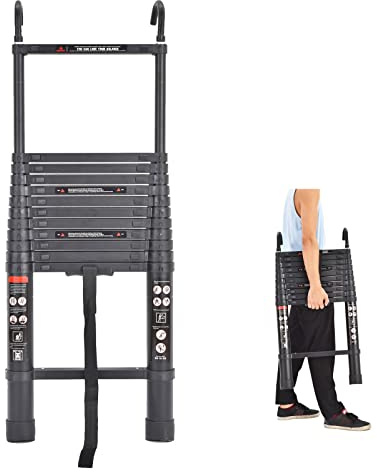 6,2M Teleskopleiter Stufenleiter mit 2 Haken, 150kg Tragfähigkeit Mehrzweck-Faltleiter Aluminium Teleskop Portable Loft Leiter EN131 für DIY Haus Büro Garten Dachboden Leiter, Schwarz