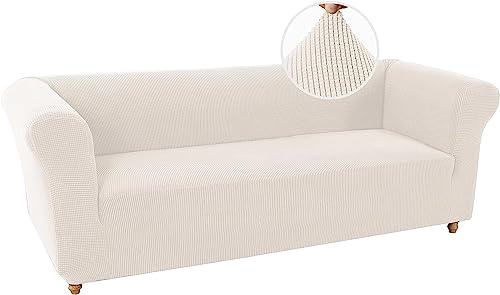 LINGKY Stretch Chesterfield Sofabezug 3 Sitzer Sofahusse mit Armlehne Spandex Jacquard Sofa Überwürfe rutschfest Sofa Überzug Waschbare Sofabezug für Haustiere (Elfenbein,3 Sitzer)