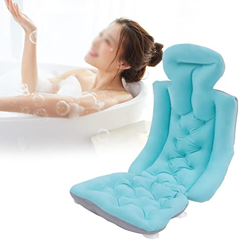 Cojín de baño suave para bañera de cuerpo entero, malla de aire, cojín de baño altamente elástico con 10 fuertes ventosas antideslizantes, reposacabezas, respaldo, comodidad para bañeras (azul)