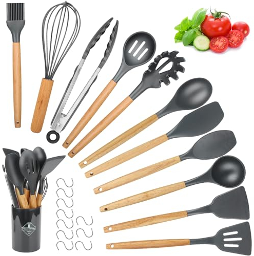 Utensili Cucina Set, hicoosee 22 Pezzi Senza BPA Mestoli Cucina Silicone con Manico in Legno Antiaderenti da Cucina Strumento di Cottura Termoresistenti con 10 S Ganci, Grigio