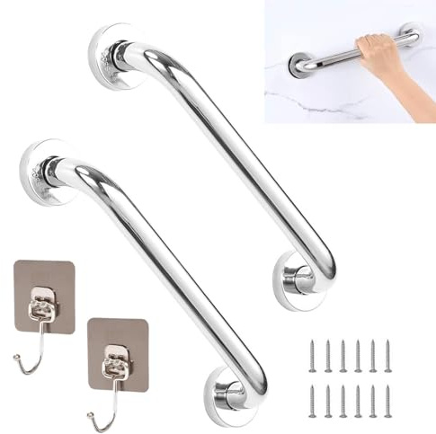 2 Pack Bathroom Grab Rail - 12inch Anti Slip Shower Grab Bar Handle, Stainless Steel Bathroom Balance Bar, Safety Grab Bars for Elderly Children Disability Aids, Safety Hand Rail Support(Silver)