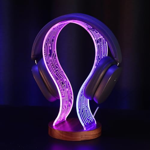 Ammonite Headphone Stand - Walnut Wood Gaming Desk Accessory with LED Lights, USB Power & PCB Pattern for Gamers Boyfriend Boy Man - Blue & Pink Light for Game Room Decor