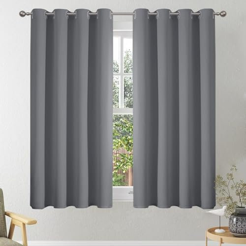 VEHEDE Blackout Short Curtains 54 Inch Drop, Eyelet Thermal Insulated Curtain for Cafe, Soft Grey Bedroom Curtains, Living Room Curtain & Drapes, W46 x L54 Inch, Grey, 2 Panels