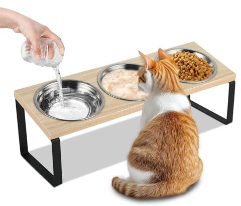Katzen Futternapf 3er Set, Katzennäpfe Erhöht mit 15°Gekippte Holz Ständer, Ergonomischer Futterstation Katze mit Edelstahl Näpfe für Wasser Futter, Hundenapf Erhöht für Katzen und Kleine Hunde